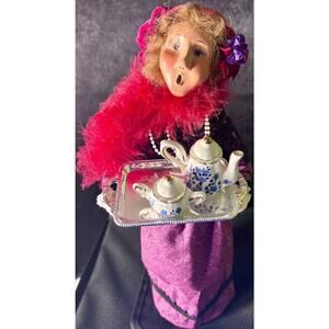 Byers Choice Red Hat Lady Serving Tea Signed, Made 2005